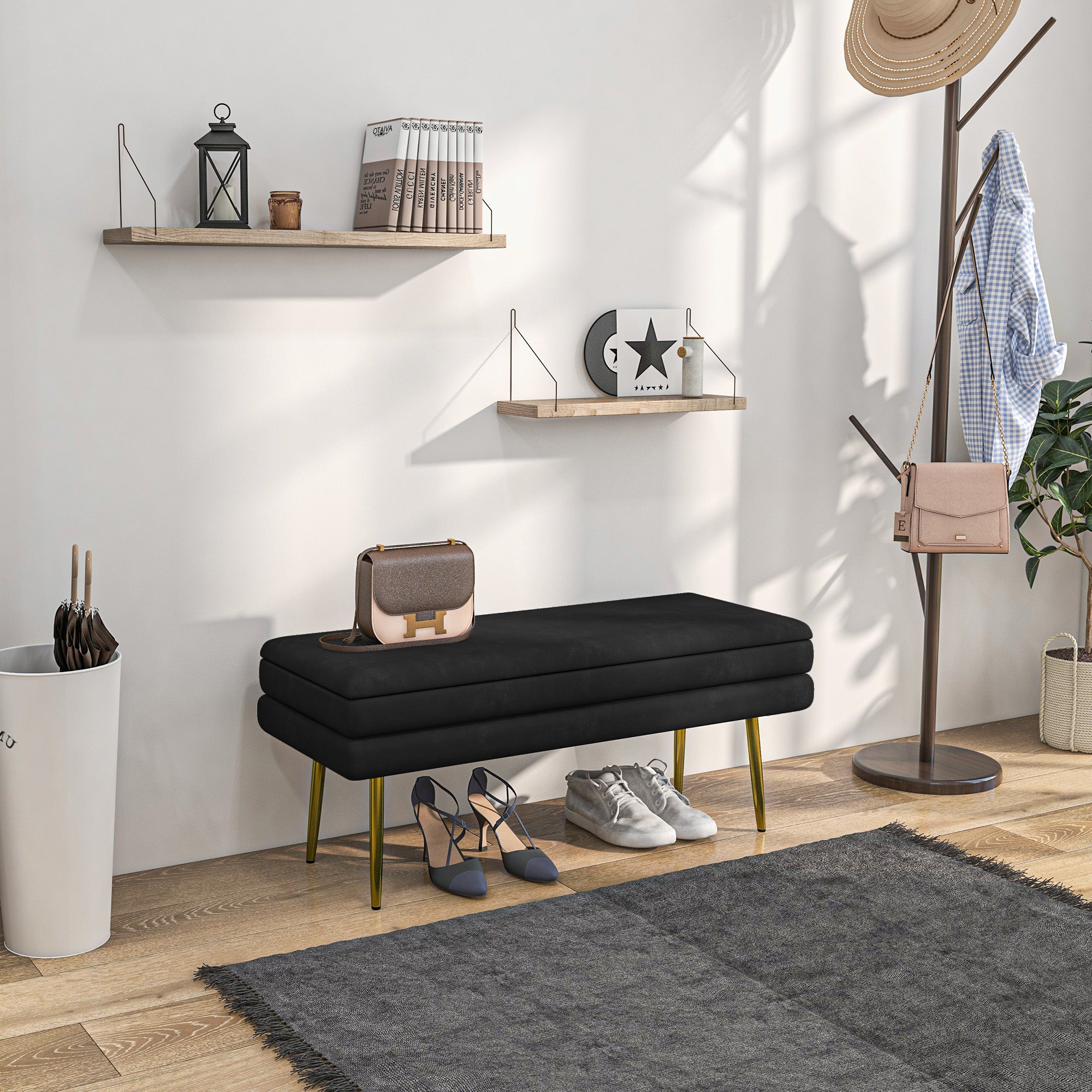 Banc de rangement, bout de lit, coffre de rangement avec assise aspect velours et pieds acier, 100 x 37,5 x 42 cm, noir et doré