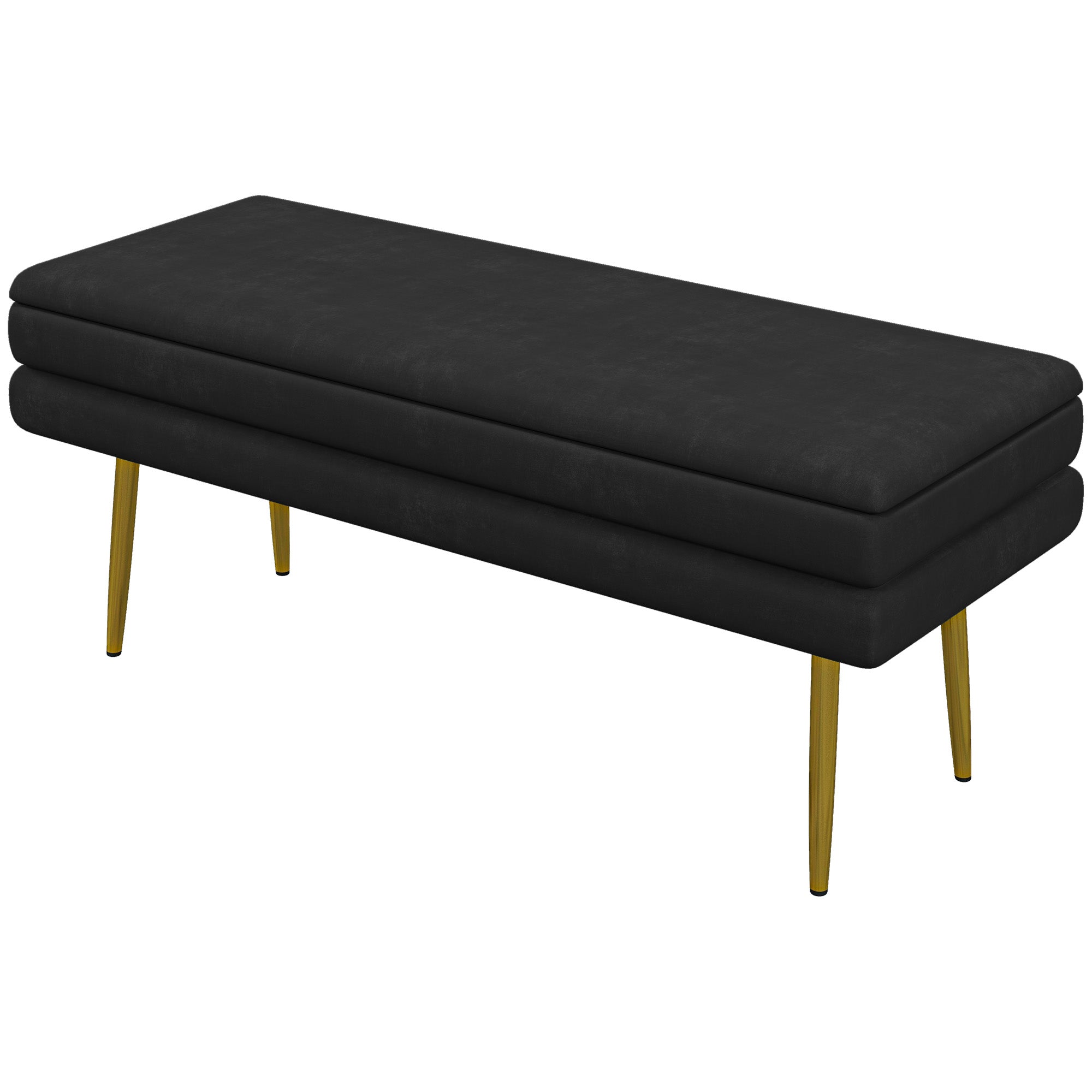 Banc de rangement, bout de lit, coffre de rangement avec assise aspect velours et pieds acier, 100 x 37,5 x 42 cm, noir et doré
