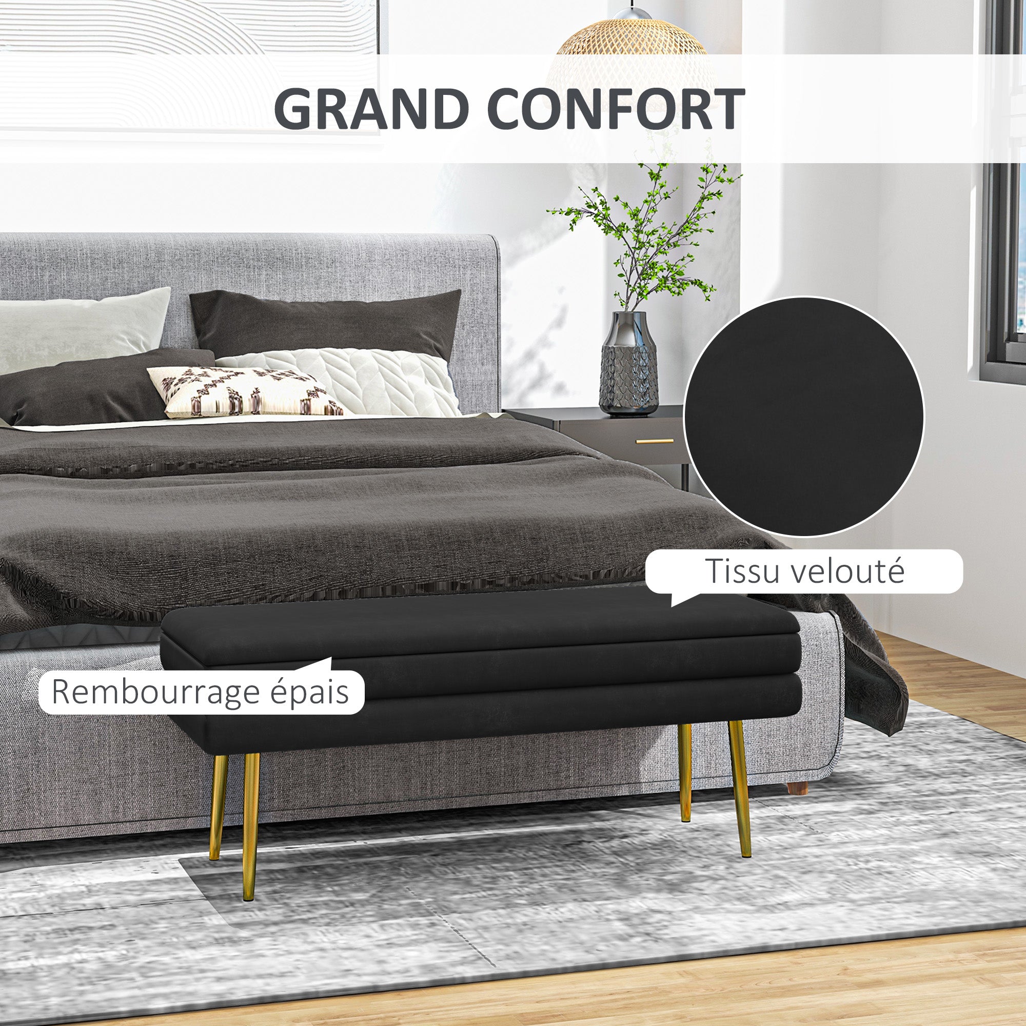 Banc de rangement, bout de lit, coffre de rangement avec assise aspect velours et pieds acier, 100 x 37,5 x 42 cm, noir et doré