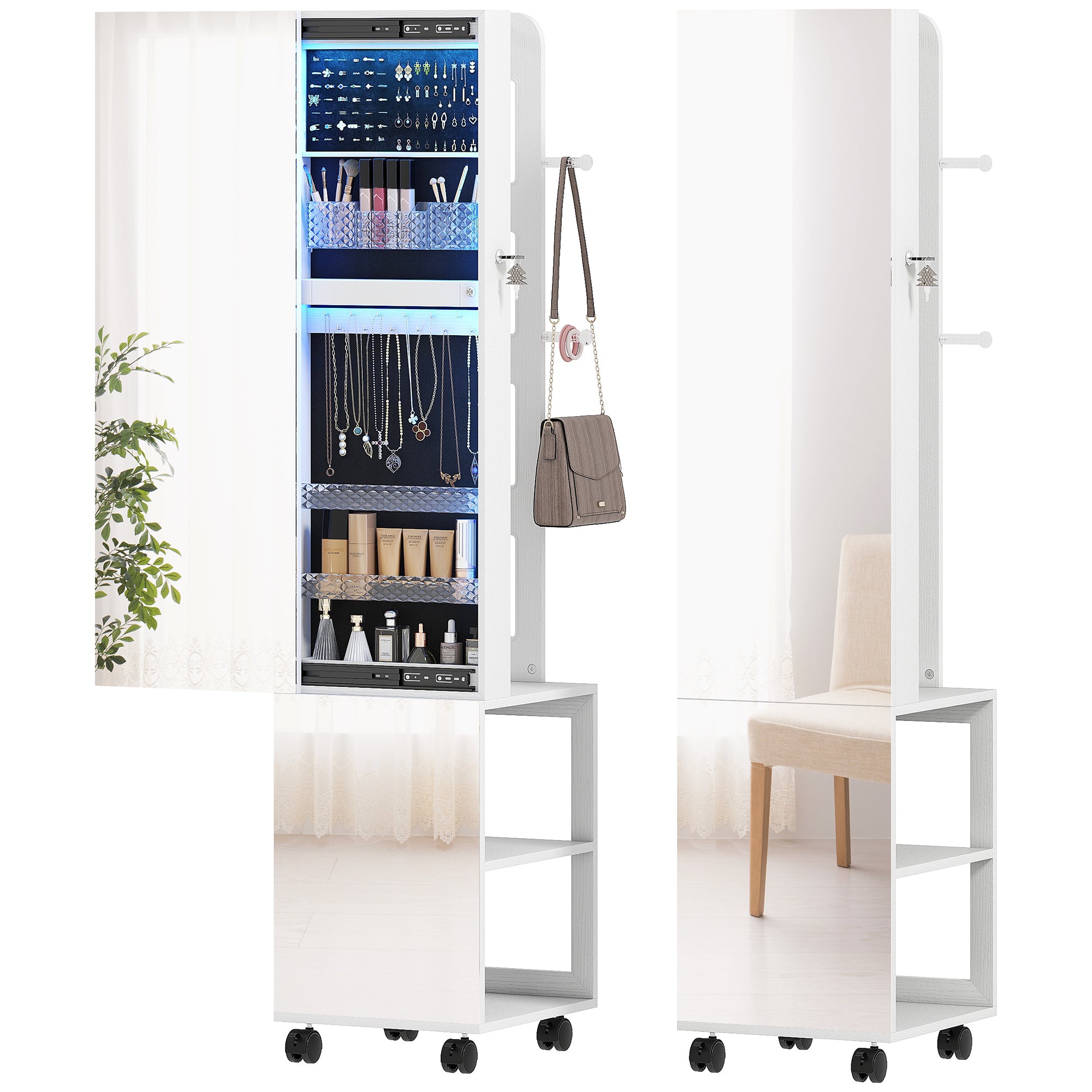 Armoire à bijoux armoire avec miroir sur pied pivotante à 360° organisateur de bijoux verrouillable avec éclairage LED, rangement pour chambre et dressing, cadre blanc, doublure noire