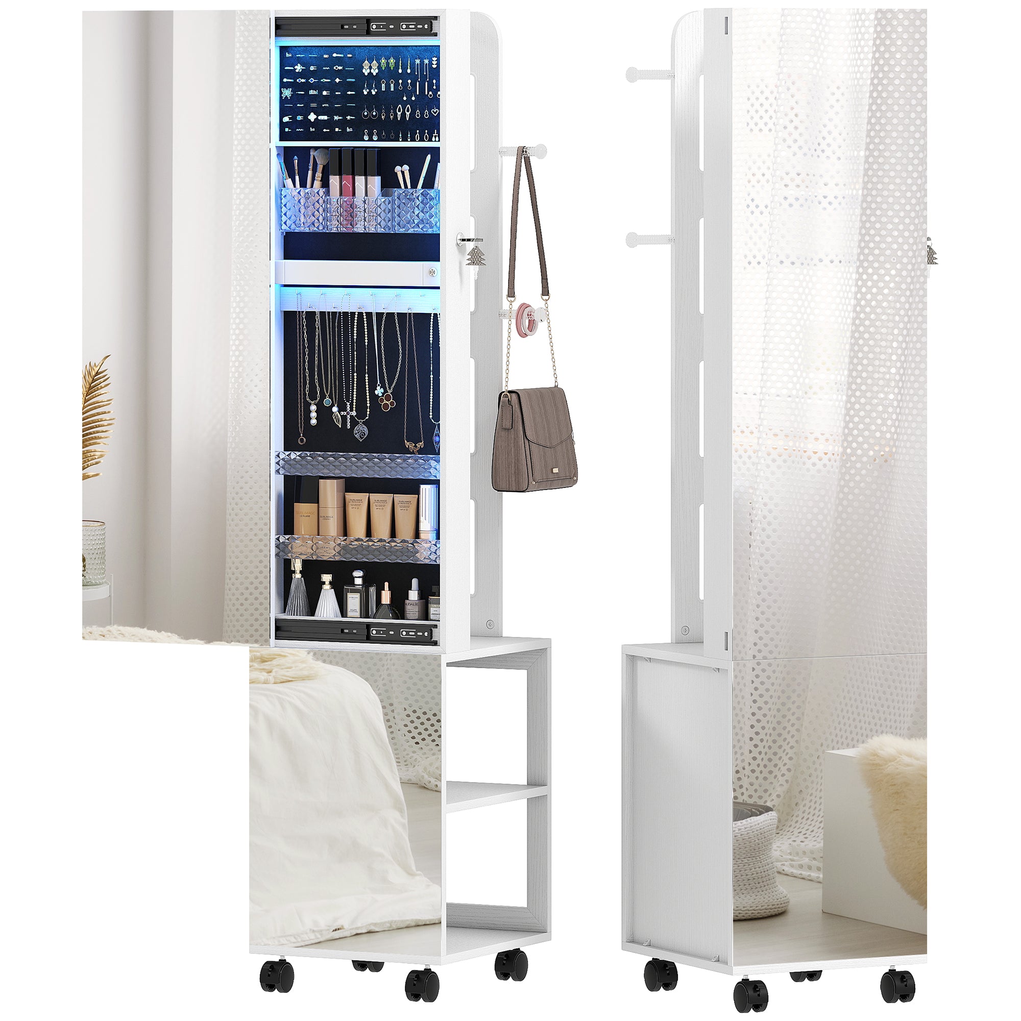 Armoire à bijoux armoire avec miroir sur pied pivotante à 360° organisateur de bijoux verrouillable avec éclairage LED, rangement pour chambre et dressing, cadre blanc, doublure noire