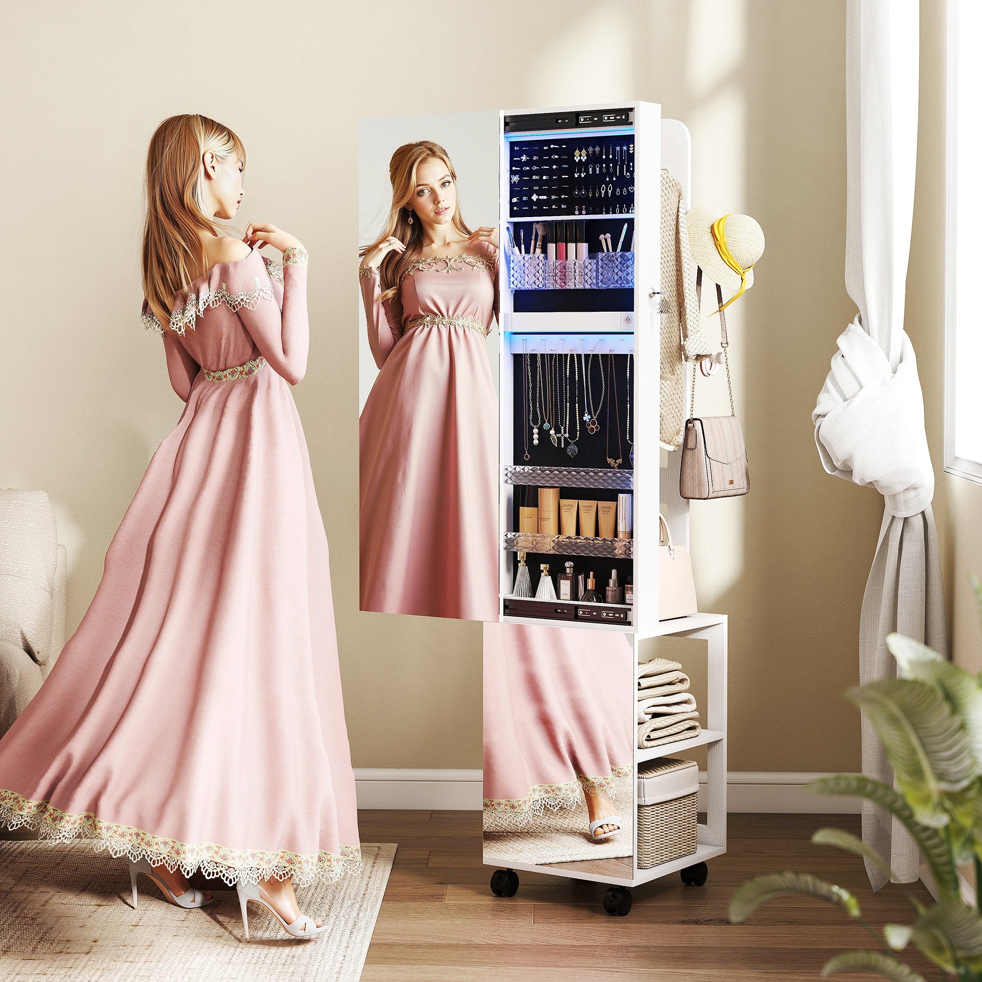 Armoire à bijoux armoire avec miroir sur pied pivotante à 360° organisateur de bijoux verrouillable avec éclairage LED, rangement pour chambre et dressing, cadre blanc, doublure noire