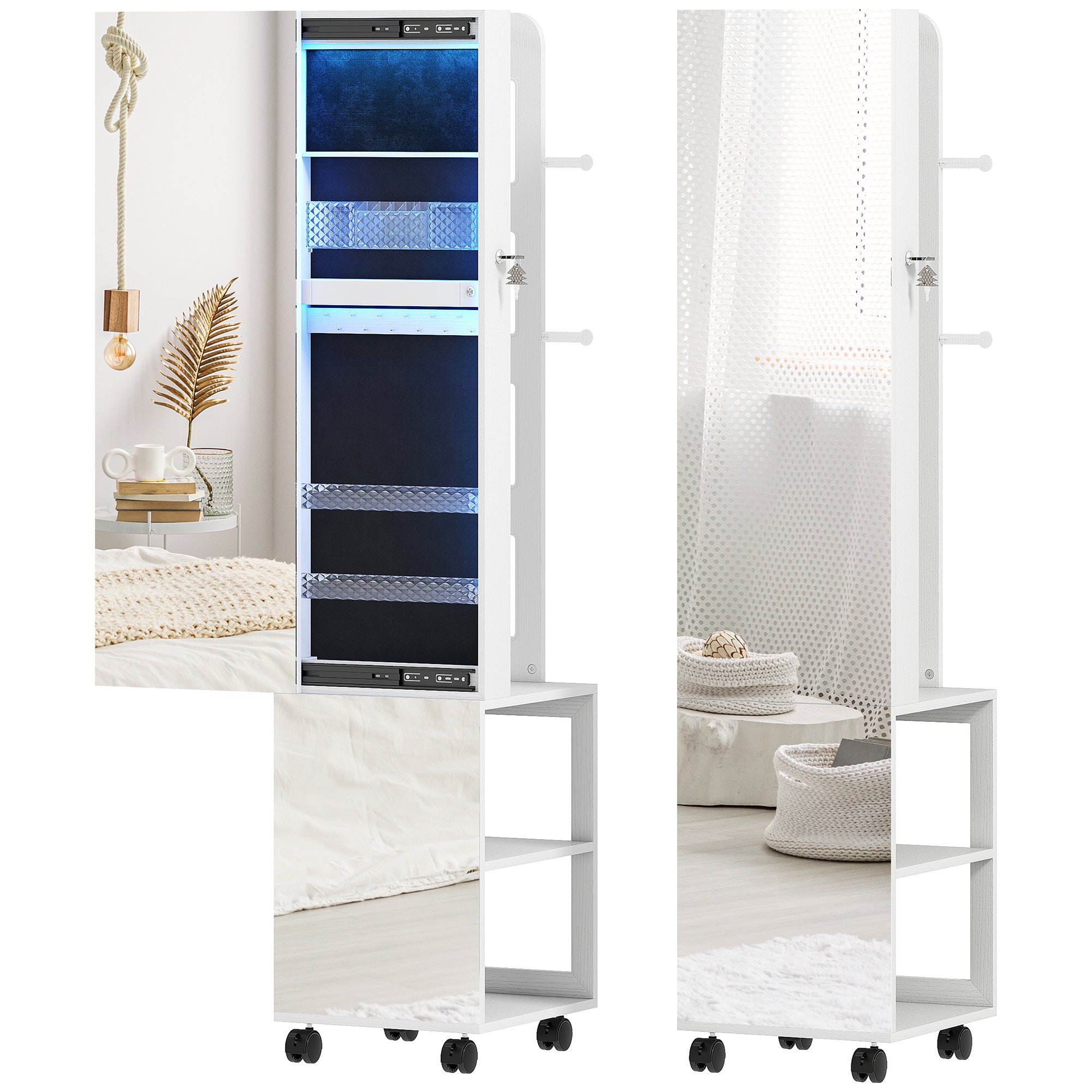 Armoire à bijoux armoire avec miroir sur pied pivotante à 360° organisateur de bijoux verrouillable avec éclairage LED, rangement pour chambre et dressing, cadre blanc, doublure noire
