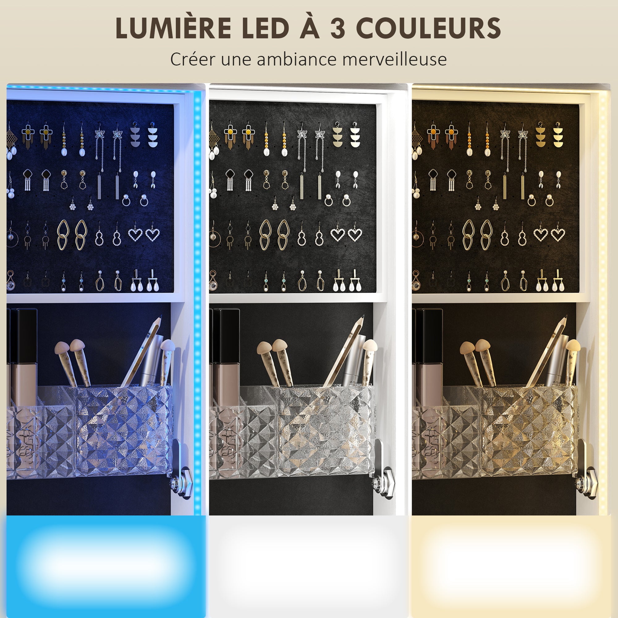 Armoire à bijoux armoire avec miroir sur pied pivotante à 360° organisateur de bijoux verrouillable avec éclairage LED, rangement pour chambre et dressing, cadre blanc, doublure noire