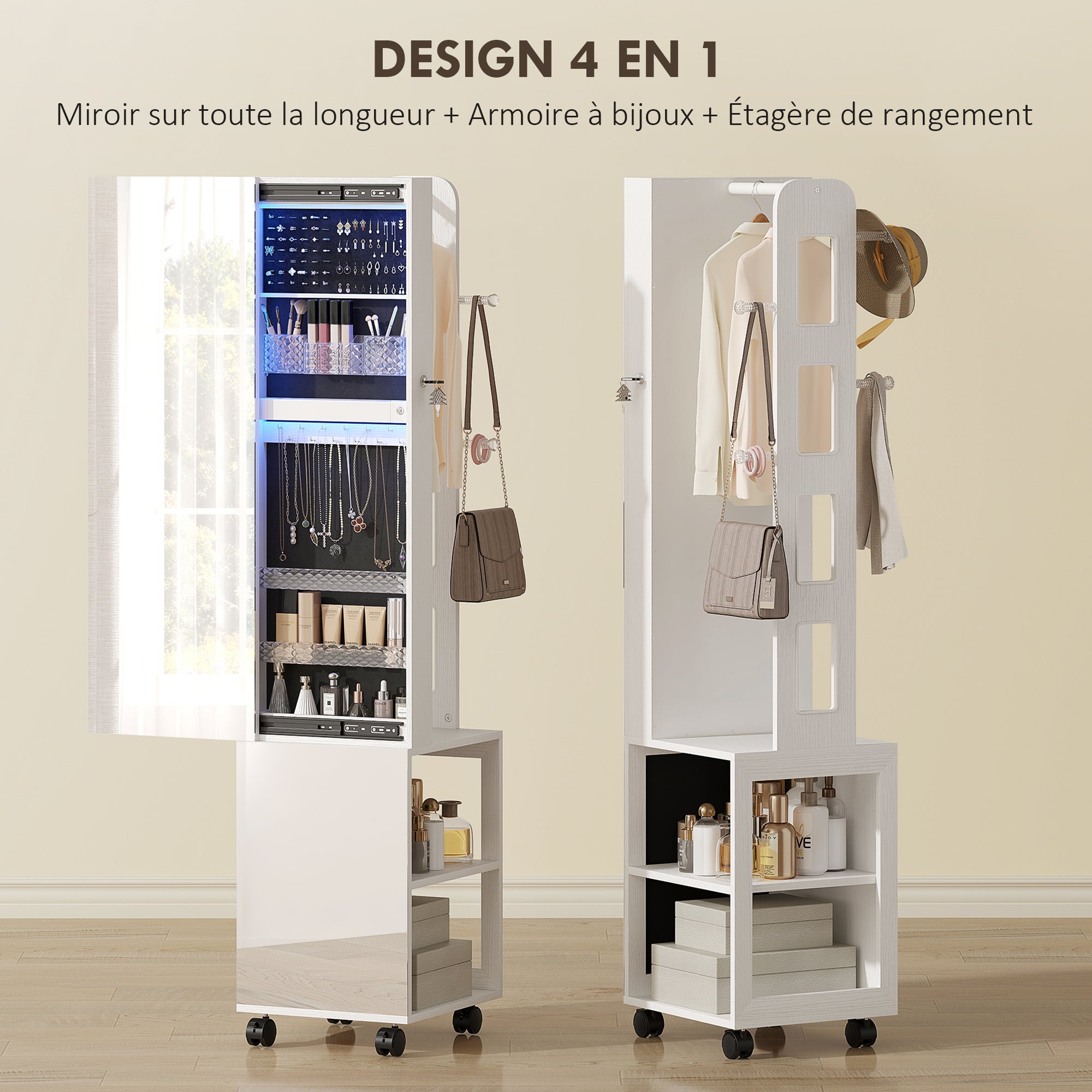 Armoire à bijoux armoire avec miroir sur pied pivotante à 360° organisateur de bijoux verrouillable avec éclairage LED, rangement pour chambre et dressing, cadre blanc, doublure noire