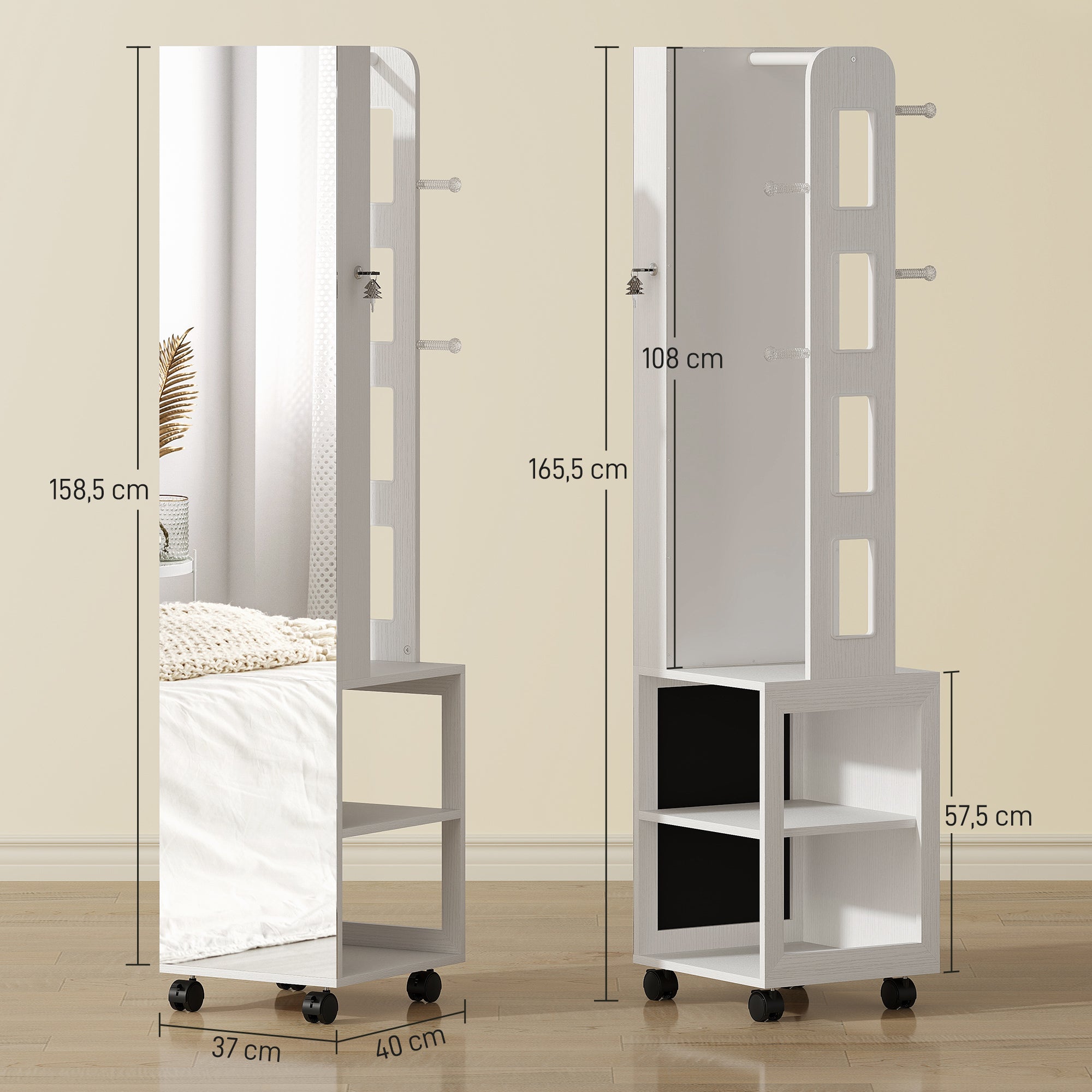 Armoire à bijoux armoire avec miroir sur pied pivotante à 360° organisateur de bijoux verrouillable avec éclairage LED, rangement pour chambre et dressing, cadre blanc, doublure noire