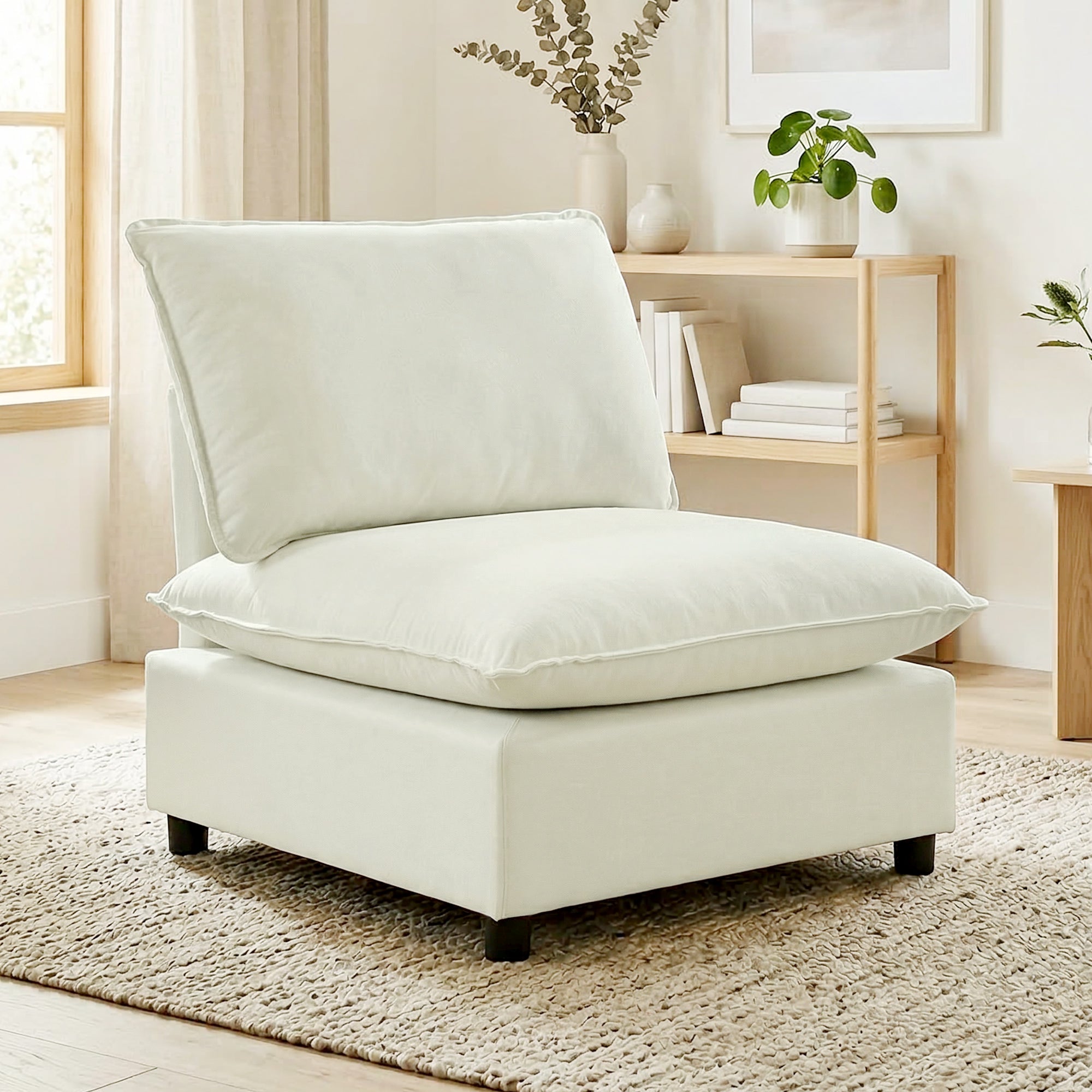 Fauteuil de salon, canapé 1 place moderne sans accoudoirs avec assise large, coussins épais, tissu en lin, fauteuil de lecture pour chambre, salon,petit espace, crème