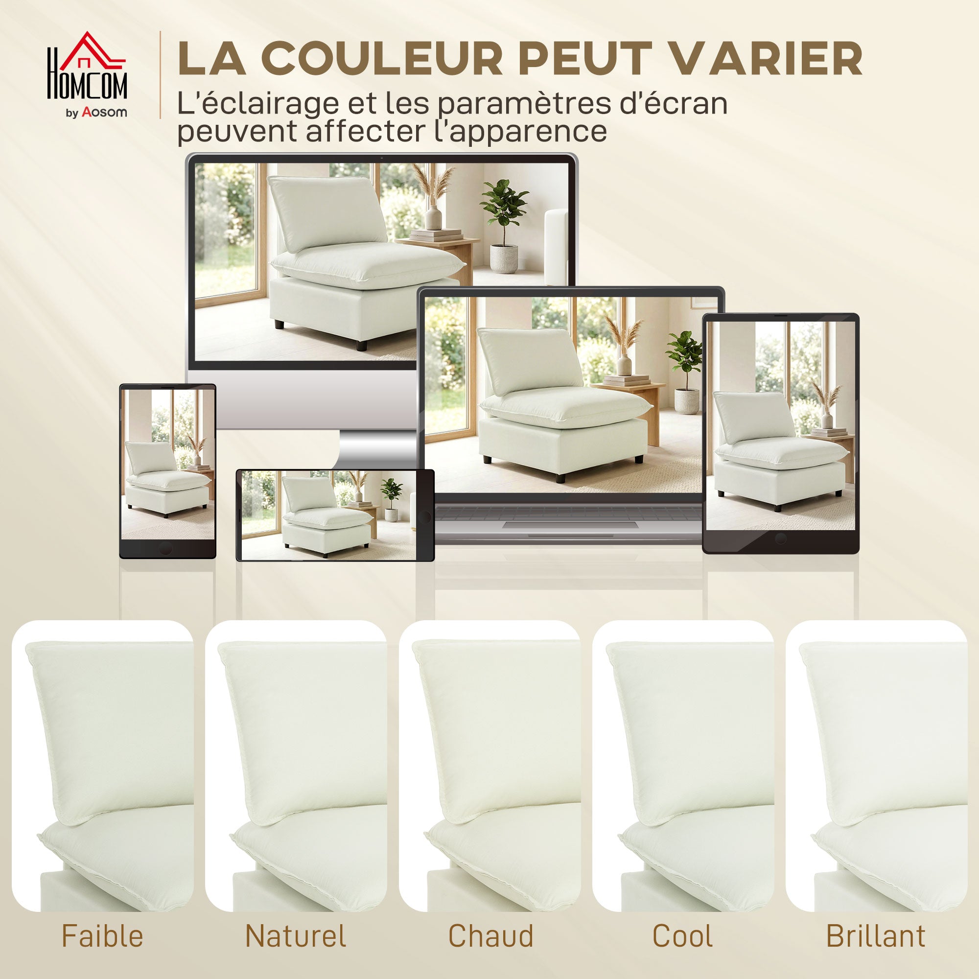 Fauteuil de salon, canapé 1 place moderne sans accoudoirs avec assise large, coussins épais, tissu en lin, fauteuil de lecture pour chambre, salon,petit espace, crème